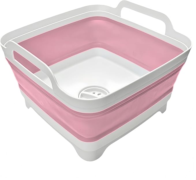 Collapsible Wash Basin 9L, Foldable Dish Tub with Drain Plug, Portable Collapsible Dish Basin, Camping Sink for Washing Dishes, Laundry & Kitchen Use (Pink)-NeatNest