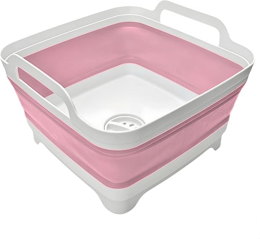 Collapsible Wash Basin 9L, Foldable Dish Tub with Drain Plug, Portable Collapsible Dish Basin, Camping Sink for Washing Dishes, Laundry & Kitchen Use (Pink)-NeatNest