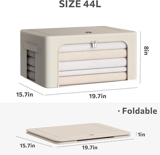 3Pack Frame Storage Box - Clothes Storage Bin Bags Oxford Fabric Foldable Stackable Container Organizer Set with Clear Window & Carry Handles (Beige, Medium-44L)-NeatNest