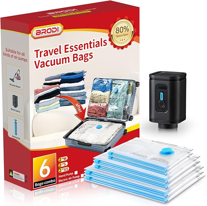 BRODI 6 Combo Pack Travel Vacuum Bags with Pump - Space Saver & Travel Essentials, Clothing & Luggage Vacuum Seal Bags-NeatNest