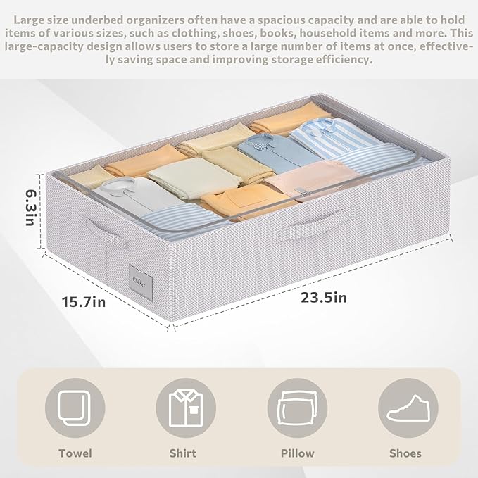 3Pcs Under Bed Storage Bins with Metal Frame - Shoe Organizer for Closet with Clear Cover Oxford Fabric Sturdy Underbed Container Foldable Stackable Clothes Organizer (Grey, 23.5x15.7x6.3)-NeatNest