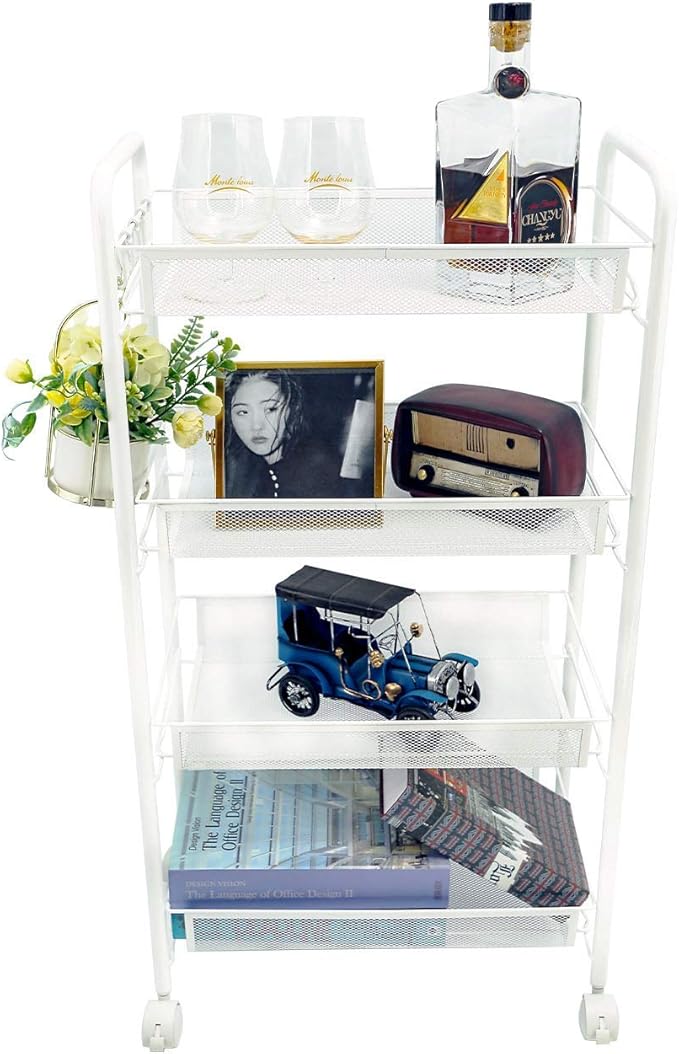 JANE EYRE Rolling Utility Storage Rack Cart on Wheels, Trolley Carft cart, Multi-Purpose Organizer Shelf (White, 4 Tier)…-NeatNest