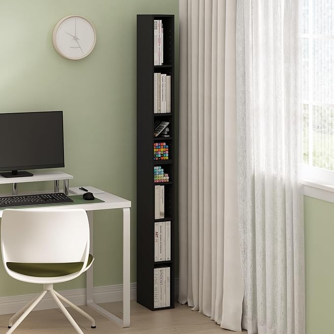 Furinno Fulda 8-Tier Space Saving Storage Shelf Bookcase, 6-Inch Width, Blackwood-NeatNest