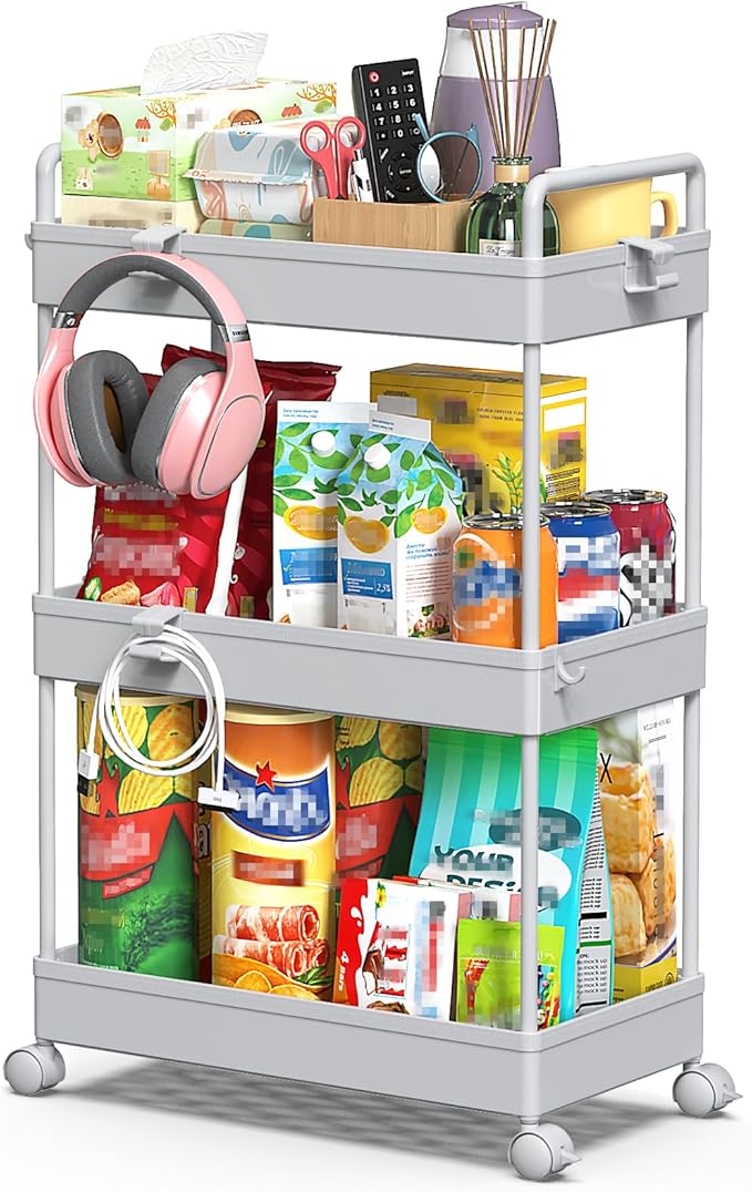 SOLEJAZZ 3 Tier Rolling Storage Cart with Wheels Slim Craft Nail Makeup Snack Art Baby Utility Cart Organizer on 2 Lockable Wheels for Bathroom Laundry Room Kitchen Bedside Narrow Spaces, Gray
