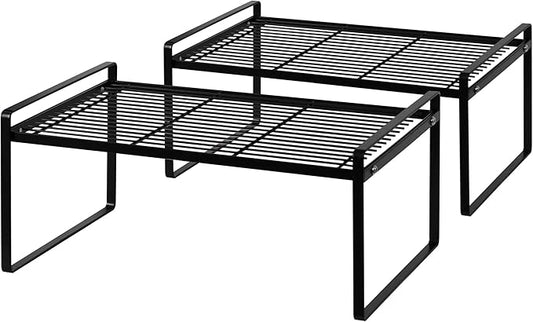 2Pack Kitchen Cabinet Shelf Counter Organizer Rack Pantry Storage Bathroom Bedroom Office Table Desk Space Saving Stackable Rust Resistant Non Slip Black Wide L16.1in W10.6in H7.3in-NeatNest