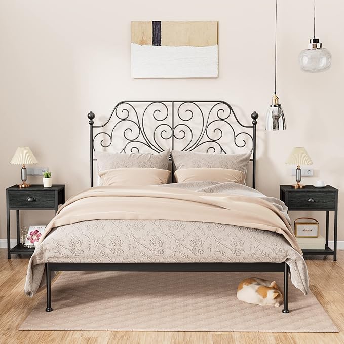 Furologee Nightstands Set of 2, Industrial End Table with Fabric Drawer&Storage Shelf, Small Bedside Table Organizer for Small Space for Living Room, Tall 23.6" Night Stand for Bedroom, Black Oak