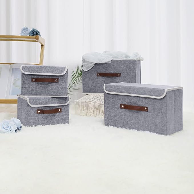 ANMINY 4PCS Storage Bins with Lid PU Leather Handles Storage Boxes PP Plastic Board Decorative Foldable Lidded Cotton Linen Fabric Home Cubes Baskets Closet Organizer Containers - Gray, Small Size-NeatNest