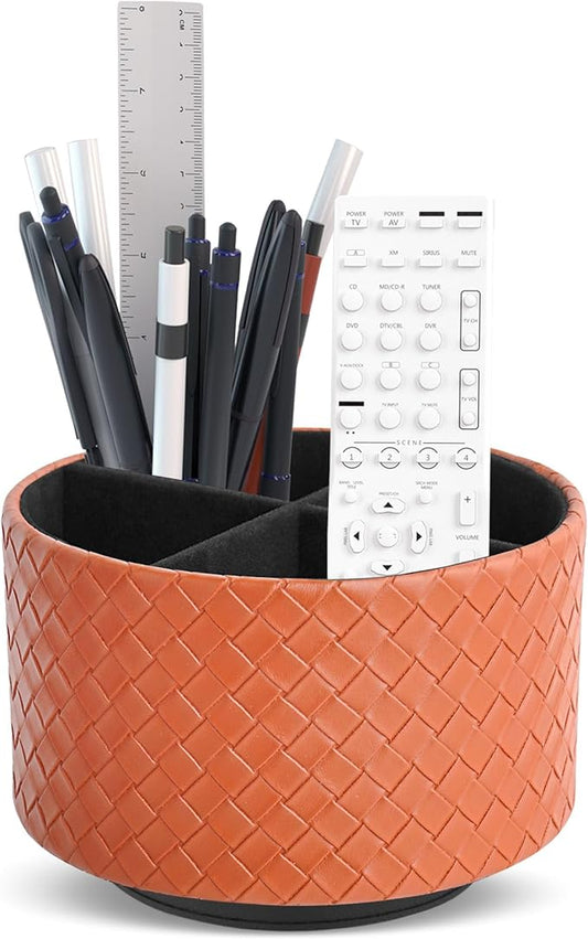 Hennaja Round Leather Art Supply Organizer,Remote Control Holder,360 Degree Spinning,Multi-Functional Pencil Holder,4 Compartments Desktop Stationary Organizer(1-Weave Brown)-NeatNest