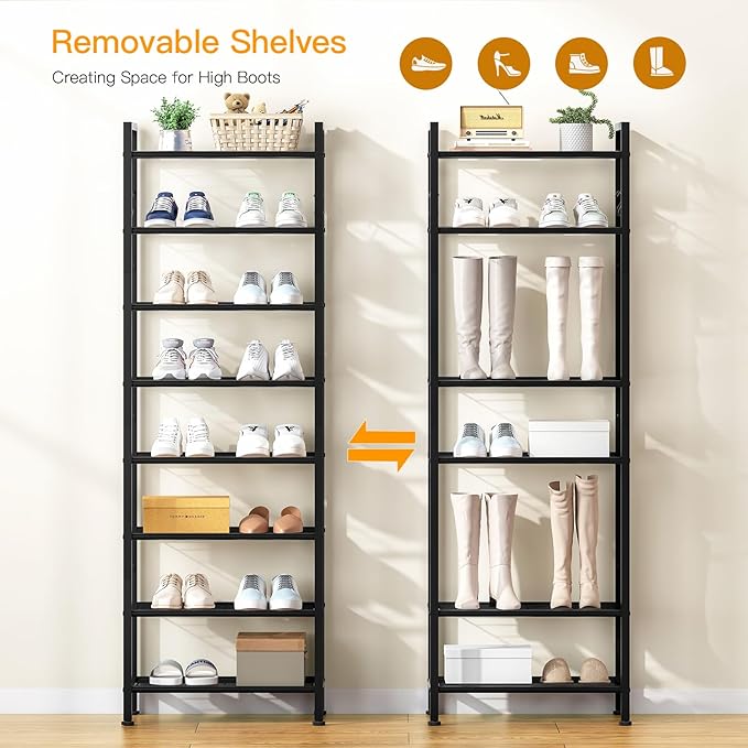usikey 8 Tiers Narrow Shoe Rack 16-24 Pairs, Sturdy Metal Tall Shoe Rack with 4 Hooks, Slim Shoe Storage Organizer with Metal Shelf, Space Saving Vertical Shoe Shelf for Entryway, Closets, Black-NeatNest