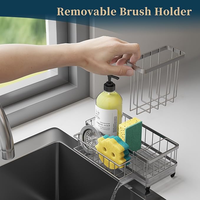 Consuemst Sponge Holder for Kitchen Sink - Auto Draining Sink Caddy Organizer with Detachable Rack, High Brush Holder, Kitchen Countertop Storage Accessories, Silver-NeatNest