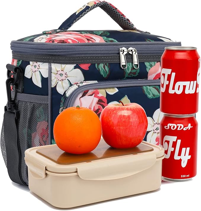 FlowFly Insulated Reusable Lunch Bag Adult Large Lunch Box for Women and Men with Adjustable Shoulder Strap,Front Zipper Pocket and Dual Large Mesh Side Pockets,Peony-NeatNest