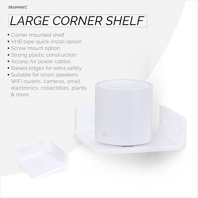 BRAINWAVZ 6.5" Corner Shelf Mount for Speakers, Cameras, Baby Monitors, Plants, Books Electronics, Collectibles & More, Adhesive & Screw in Floating Shelves (White)-NeatNest