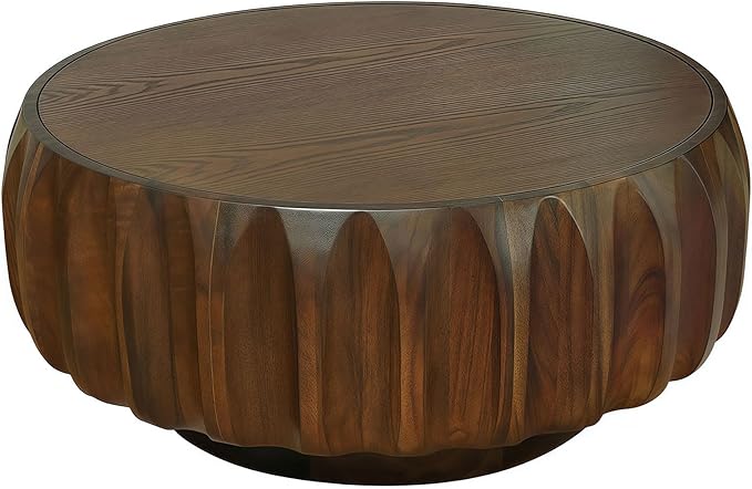 kevinplus 31.5'' Walnut Round Wood Coffee Table for Living Room, Modern Contemporary Circle Fluted Drum Pedestal Coffee Table, Natural Wood Grain & Easy Assembly, Walnut