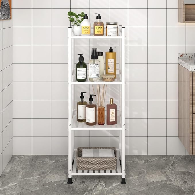 4 Tier Bathroom Storage Open Shelf Unit, Free-Standing Metal Corner Rack Shelving for Kitchen, Living Room, Hallway (White, 4 Tier)