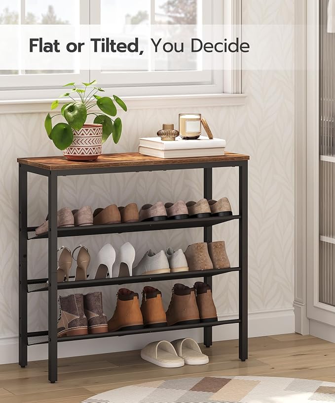 HOOBRO Shoe Rack for Entryway, 4-Tier Shoe Organizer with Adjustable Mesh Shelves, 12-16 Pairs of Shoes, Spacious Floor Mount, Metal, Industrial, Shoe Shelf for Closet, Rustic Brown BF42XJ01-NeatNest