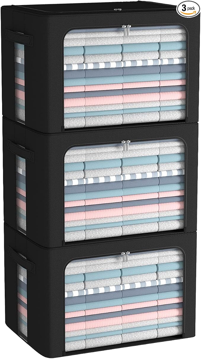 3Pack Frame Storage Box - Clothes Storage Bin Bags Oxford Fabric Foldable Stackable Container Organizer Set with Clear Window & Carry Handles (Black, Large-66L)-NeatNest