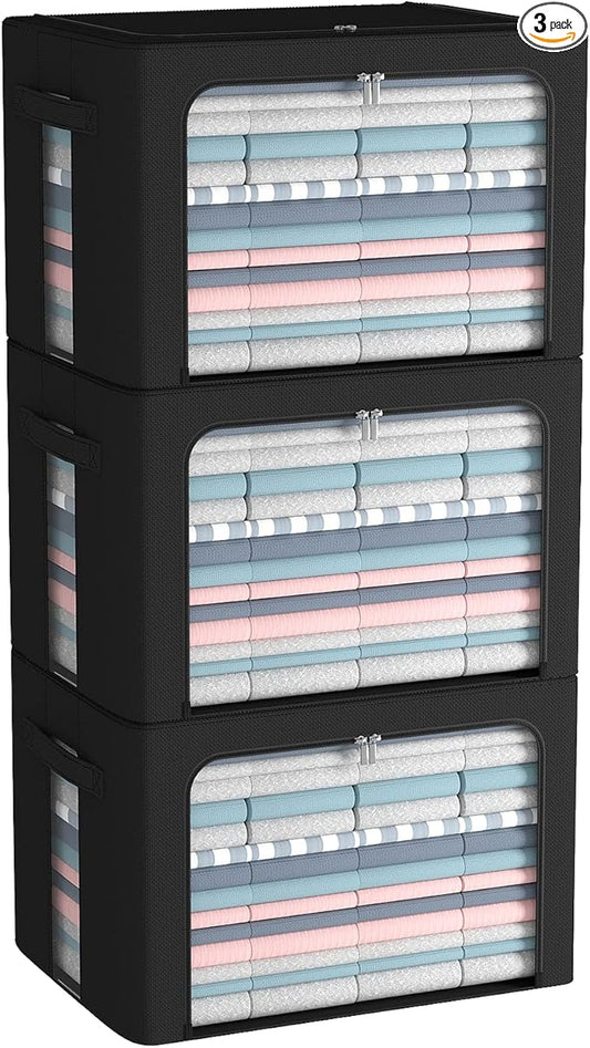 3Pack Frame Storage Box - Clothes Storage Bin Bags Oxford Fabric Foldable Stackable Container Organizer Set with Clear Window & Carry Handles (Black, Large-66L)-NeatNest