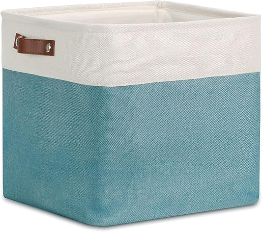DULLEMELO Cube Basket for Storage, Collapsible Fabric Cube for Organizing, Storage Cube for Closet, Laundry, Nursery, Shelves, Decorative Basket for Gifts Empty (White&Teal)-NeatNest
