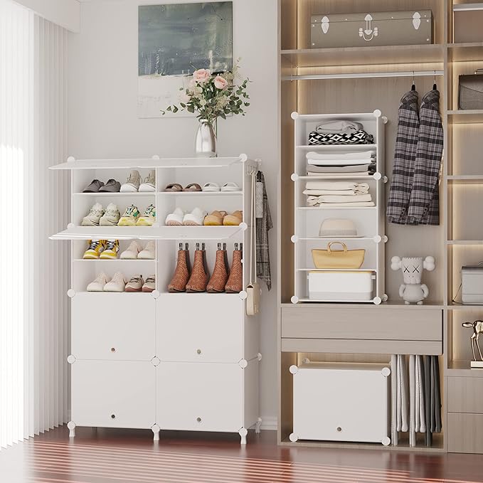 AWTATOS Shoe Rack, 8 Tier Shoe Storage Cabinet with Door, 32 Pair Shoe Organizer Shelves for Closet Hallway Bedroom Entryway, White-NeatNest
