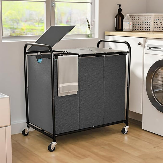 180L (47.55 Gal) Laundry Sorter 3 Section, Rolling Laundry Basket with Lockable Wheels and Lid, Laundry Hamper with 3 Separated Removable Bags Dirty Clothes Hamper for Laundry Room Organizer, Grey-NeatNest