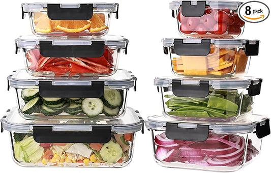 8 Pack Glass Food Storage Containers with Lids, Meal Prep Containers, Airtight Bento Boxes with Leak Proof Locking for Microwave, Oven, Freezer and Dishwasher, BPA Free