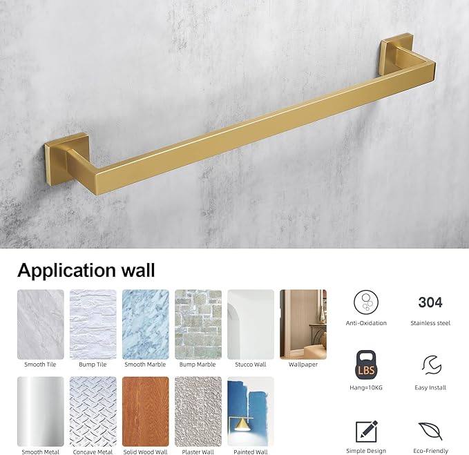 Bagnolux 22 Inch Gold Bathroom Accessories, Gold Towel Rack for Bathroom Wall Mounted Towel Bar, Heavy Duty Modern Brushed Brass Towel Holder Wall Single Towel Rod (Total Length 23.6-Inch)