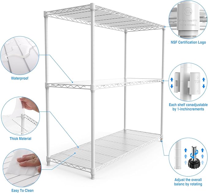 3 Tier NSF Wire Shelf Shelving Unit, 18 x 48 x 48 Inch 1050lbs Capacity Heavy Duty Adjustable Storage Metal Rack with Leveling Feet & Shelf Liners, Ideal for Garage, Kitchen, Office and More - White