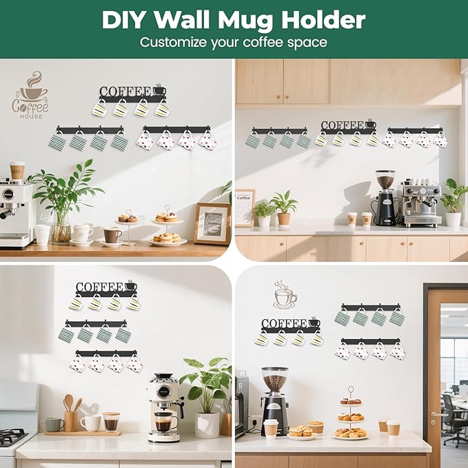 EsLuker.ly Mug Holder Rack Coffee Cup Hanger Wall Mount, Metal Wall Cup Shelf Organizer Stand with 12 Hooks, Fits Most Mugs Display for Home Kitchen, Space-Saving Coffee Bar Enhancer, Set of 3, Black-NeatNest