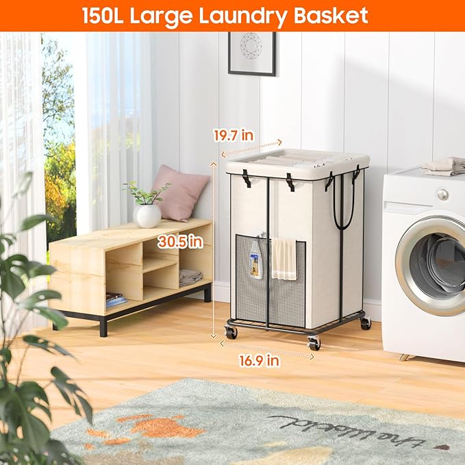 150L Laundry Hamper with Wheels, Rolling Laundry Basket with Metal Frame and Removable Bag, Large & Tall Dirty Clothes Hampers for Bedroom Aesthetic, Laundry Room, Bathroom, Dorm-White