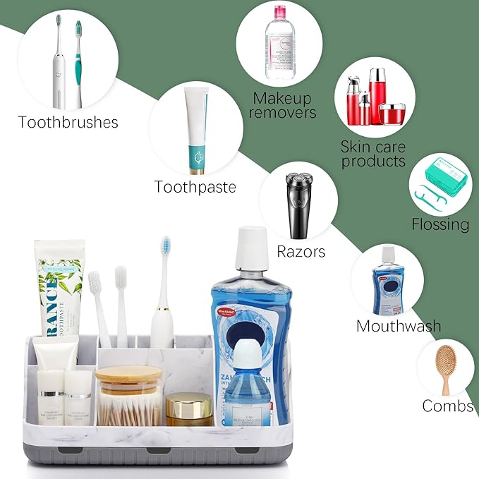 Marble Bathroom Countertop Organizer - Detachable 7 Slots Kids Electric Toothbrush and Toothpaste Holde Drainage for Bathroom Accessories Organization Counter Vanity Storage, Grey