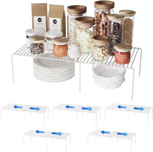 Expandable Storage Shelf, Pantry Organizers and Storage, Adjustable Rustproof Metal Wire Spice Rack, Space Saver Kitchen Storage Shelves for Pan, Pot, Countertop, Drawer, Fridge, Set of 6, White-NeatNest