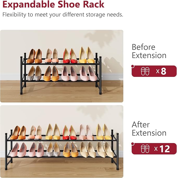 Tajsoon Expandable Shoe Rack for Closet 2 Tier, 28“-41“ Adjustable & Stackable Shoe Shelf Storage, Metal Shoe Rack Organizer for Front Door Entrance, Closet, Garage, Entryway, Black-NeatNest
