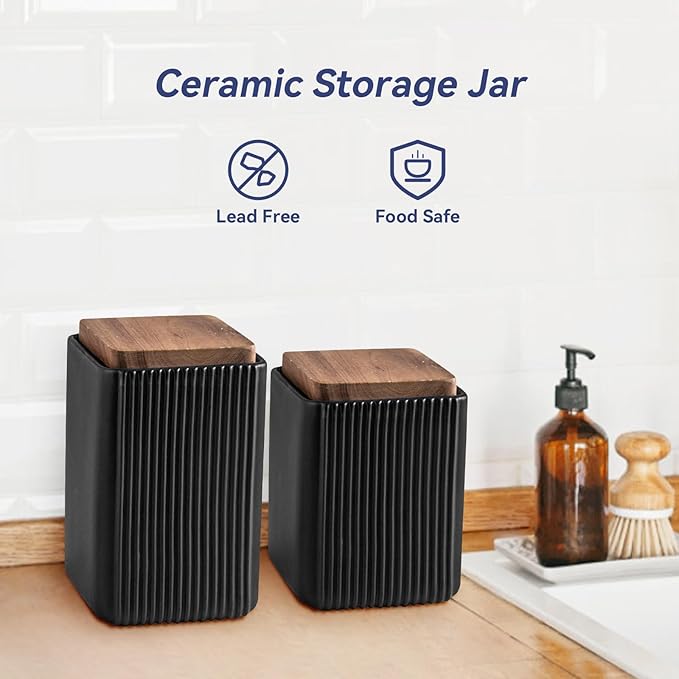 Ceramic Storage Jars Modern Elegant Polished Airtight Gorgeous Storage Canisters with Wooden Lid Small Food Stroage Jar for Kitchen Spice Tea Vanilla Sugar Coffee Beans (Black,Large size,17cm*10cm)-NeatNest