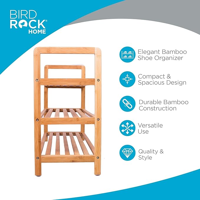 BirdRock Home Bamboo Shoe Rack Organizer for Entryway, Closet, or Front Door - Stackable Wooden Storage Shelf for Small Spaces, Indoor or Outdoor, Decorative Brown Madera - Elegant, Simple - 3 Tier-NeatNest
