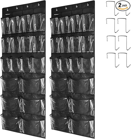 2 Pack Extra Large Hanging Over Door Shoe Organizers,closet shoe organizer shoe rack organizer shoe storage,12+6 Crytal Pockets,8Hooks,black (59"x 21.6")-NeatNest