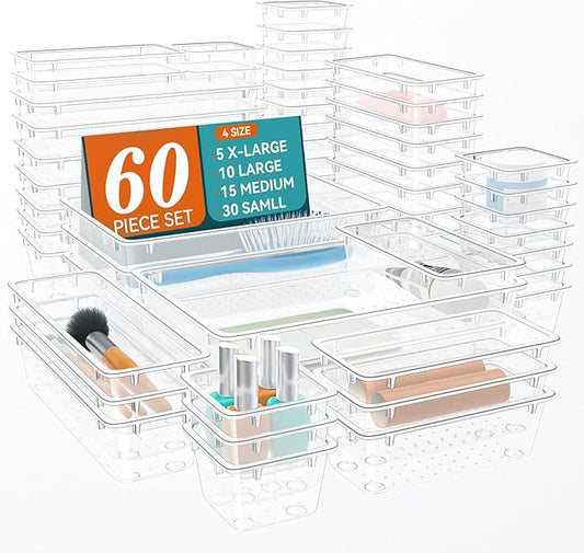 60 PCS Drawer Organizer Set, 4 Sizes Storage Drawer Units, Clear Plastic Makeup Vanity Organizer and Storage Bins for Makeup, Stationeries, Multiple Gadgets for Bathroom, Office, Bedroom-NeatNest