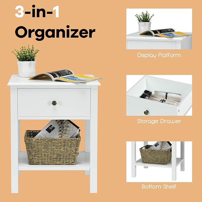 Giantex Nightstand, 2-Tier End Table with Drawer and Open Storage Shelf, Modern Bedside Tables, Wooden Side Table Night Stand for Bedroom, Dorm, Small Spaces, Easy Assembly, White