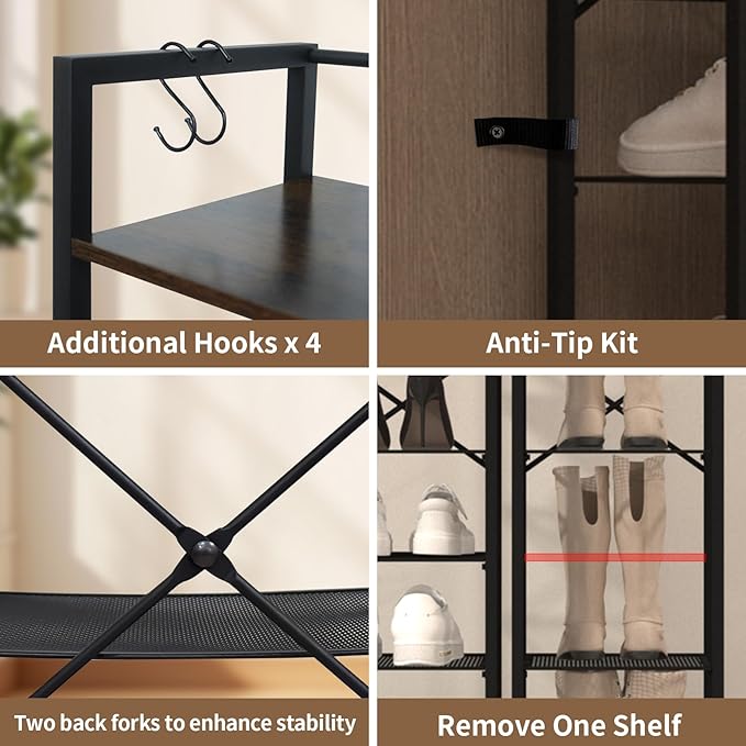 10 Tier Vertical Shoe Rack, Narrow Shoe Storage Organizer with Hooks, Slim Corner Shoe Tower Rack, Adjustable Tall Shoes Shelf, Entryway Living Room Bedroom, Rustic Brown-NeatNest