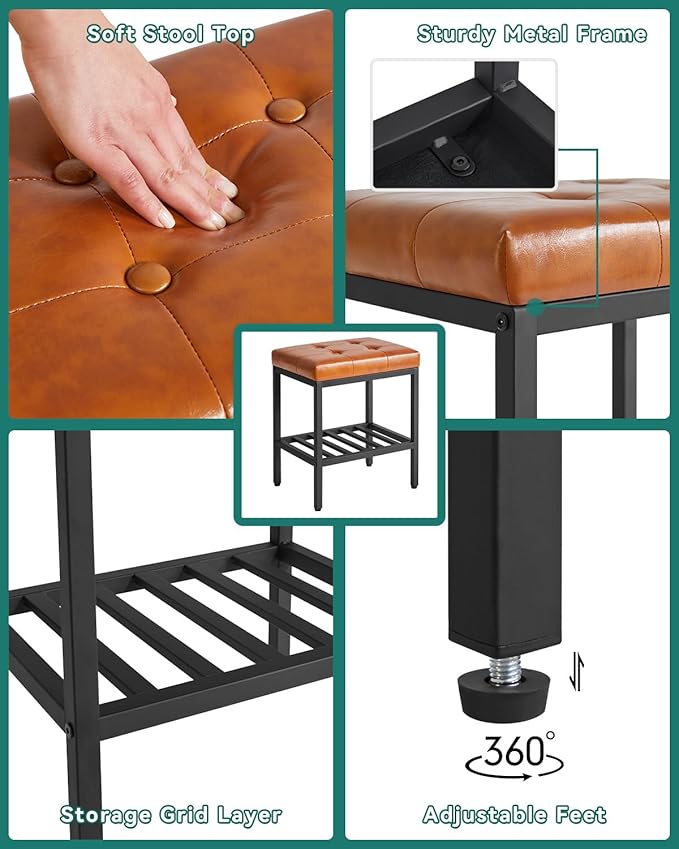 IBUYKE Rectangular Makeup Stool with Adjustable Feet and Storage Space, Footrest Chair, PU Vanity Seat, Multi-Use as Small Side Table or Ottoman, for Bedroom, Light Brown WBD017J