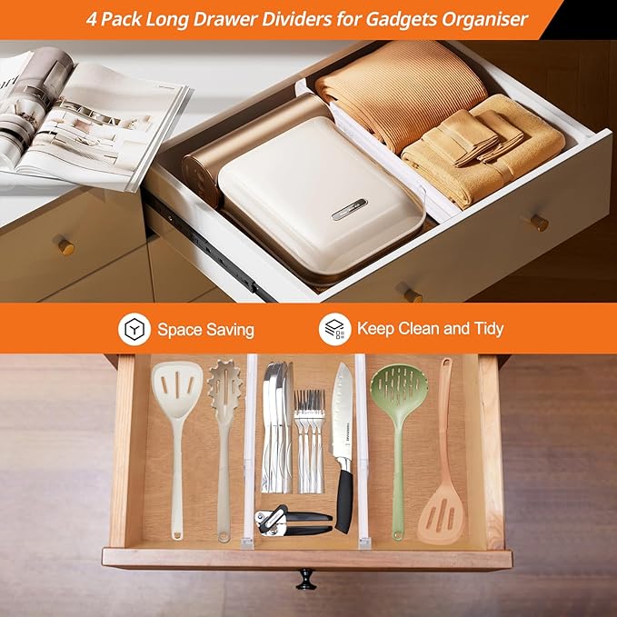4 Pack Drawer Dividers for Clothes, 2.3" High 13"-21" Adjustable Drawer Dividers Expandable Dresser Drawer Organizer, Clear Drawer Separators for Clothes, Underwear, Cosmetic, Kitchen Utensils Storage-NeatNest