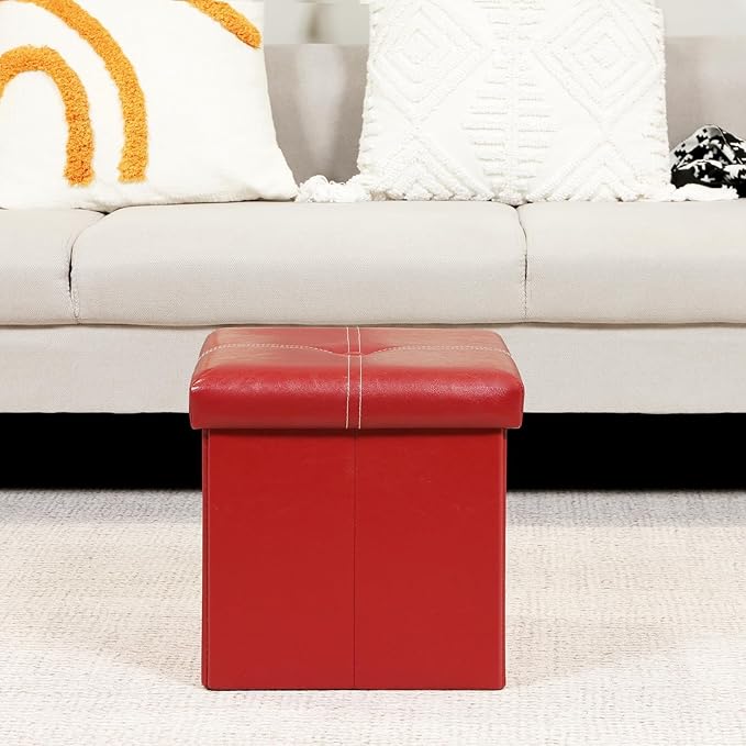 B FSOBEIIALEO Folding Storage Ottoman, Faux Leather Footrest Seat Coffee Table Toy Chest for Kids, Red 11.8"x11.8"x11.8"