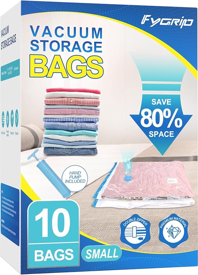 10 Pack Small Vacuum Storage Bags with Hand Pump, Plastic Packaging Bags, 80% Space Saver Vacuum Seal Bags for Clothing, Travel Lugggage, Blankets, Comforters-NeatNest