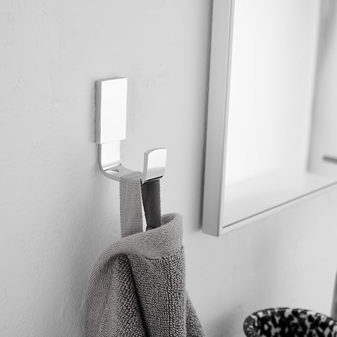 BESy Brass Clothes Hook Single Towel Hook for Bathroom Kitchen Garage Square Style Robe Hooks Coat and Hat Hook, Self Adhesive with Glue or Wall Mounted with Screws, Polished Chrome-NeatNest