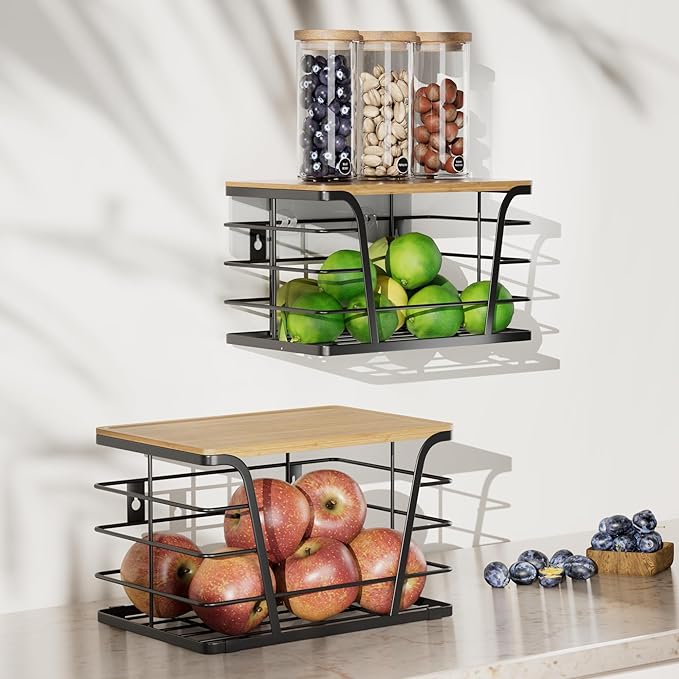 2 Pack Extra Large Stackable Pantry Storage Organizers, Laundry Room Organization, Wall Mount Trash Bag Holder for 13-33 Gallon Bags with Bamboo Top & Garbage Bag Dispenser, Black
