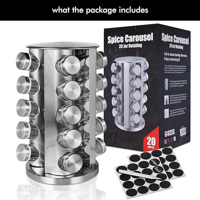 Baker Boutique Spice Rack, Spice Organizer for Countertop, Empty 20-Jars Rotating rack, Spinning flavoring Rack Shelf, Revolving Rack for Kitchen (Silver)-NeatNest