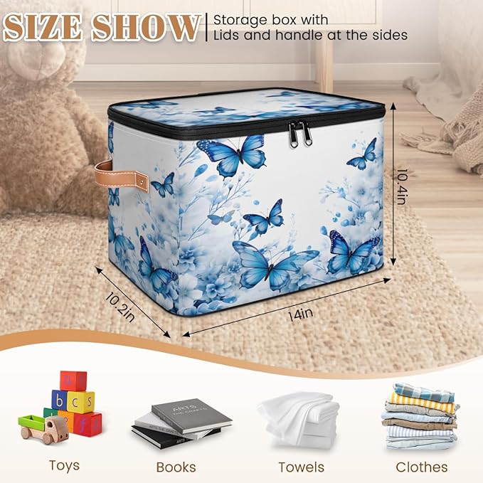 Blue Butterfly Storage Bins with Zipper Lid, Spring Floral Lidded Storage Baskets Boxes Foldable Organizer with Leather Handles for Clothes Closet Shelf Toys-NeatNest