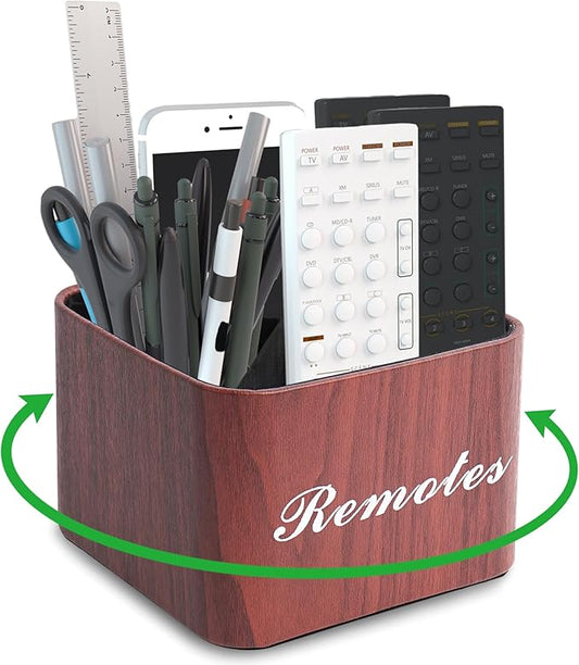 Hennaja Square Leather Art Supply Organizer,Remote Control Holder with Removable Dividers,360°Rotatable Pencil Holders,4 Compartments Organizer for Office Supplies Storage Box(1-Light Brown)-NeatNest