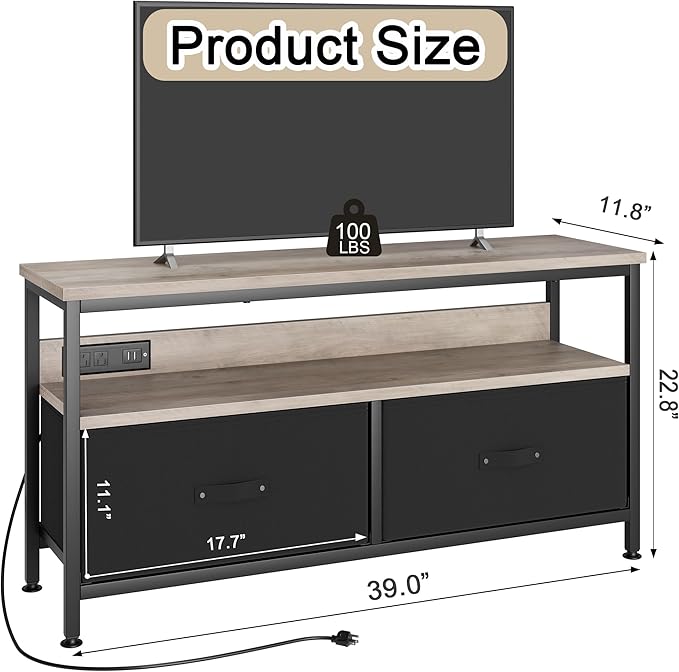 39" Dresser TV Stand for TVs up to 50", Media Console with LED Lights, Charging Station & 2 Drawer Storage Chest, Gaming Entertainment Center with Storage for Bedroom (Grey, 39 in)-NeatNest