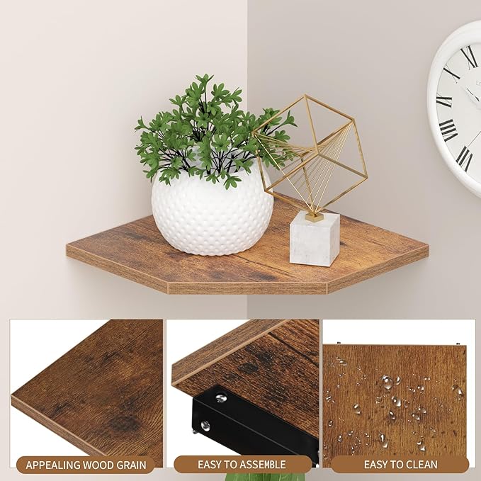 JJL Corner Shelf, 12 Inch Set of 4 Floating Shelves for Wall with Wire Hole for Security Camera and Radios Storage, 13.3 Inch Deep Wall Mounted Shelves for Living Room Corner Decoration, Rust Brown-NeatNest