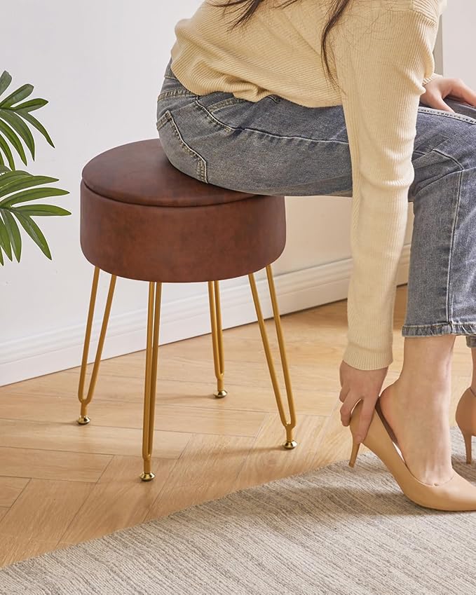 IBUYKE Faux Leather Round Footrest Stool with Storage Ottoman, Makeup Vanity Chair Side Table, PU Dressing Table Seat, Removable Cover, Golden Steel Legs, Dark Brown WBD024Z